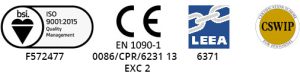 Accreditation marks: BSI ISO 9001:2015 Quality Management, CE EN 1090-1 structural steel execution, LEEA member 6371, CSWIP certified welding inspection personnel